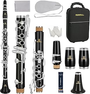 ROWELL Clarinete Bb de 17 llaves con cuerpo de madera negra africana y almohadillas italianas, tono rico profesional para estudiantes principiantes e intermedios, incluye estuche, boquilla, lengüetas