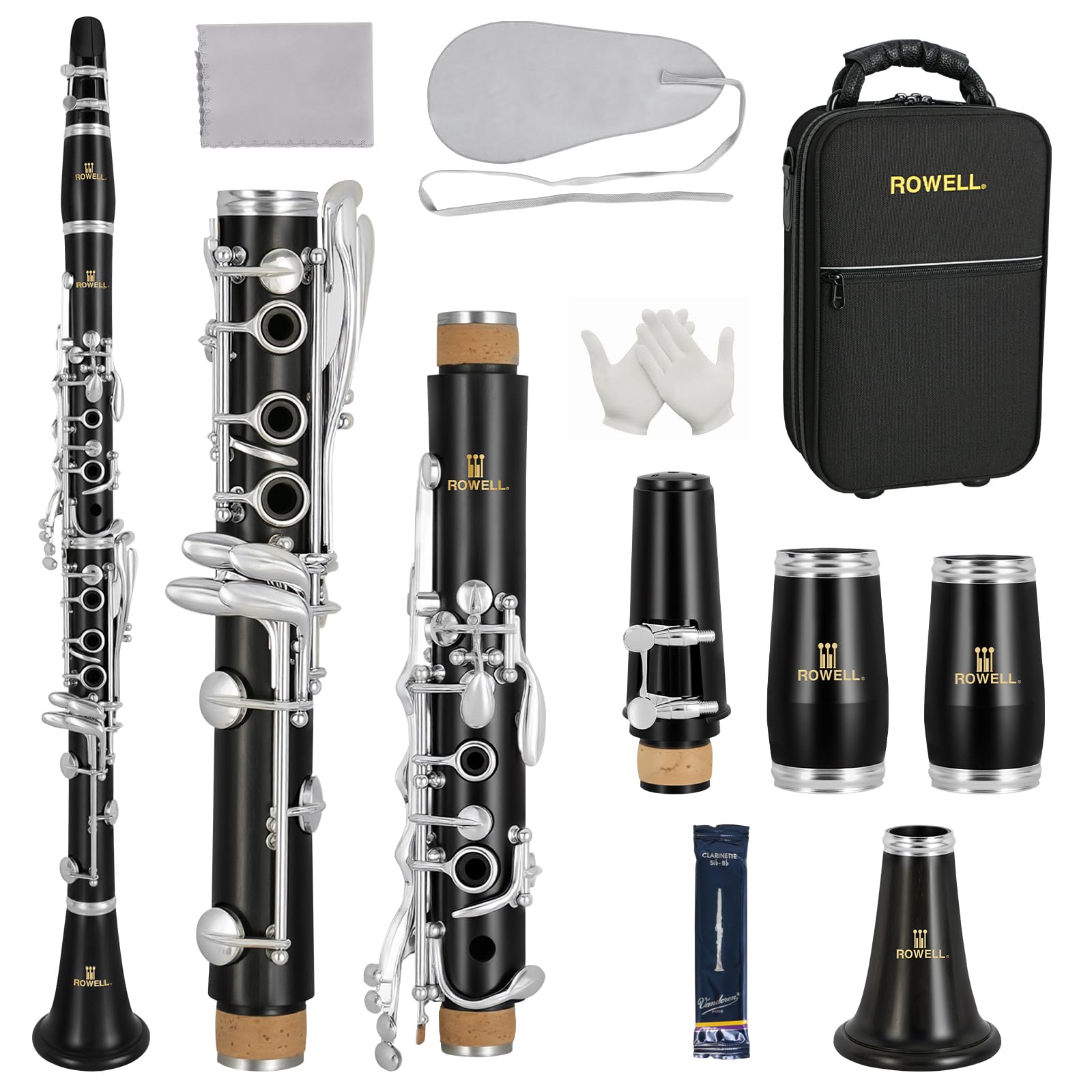ROWELL 17 Key Bb Clarinet with African Blackwood Body & Italian Pads Professional Rich Tone for Beginner & Intermediate Students Includes Case, Mouthpiece, Reeds & Clean Kit