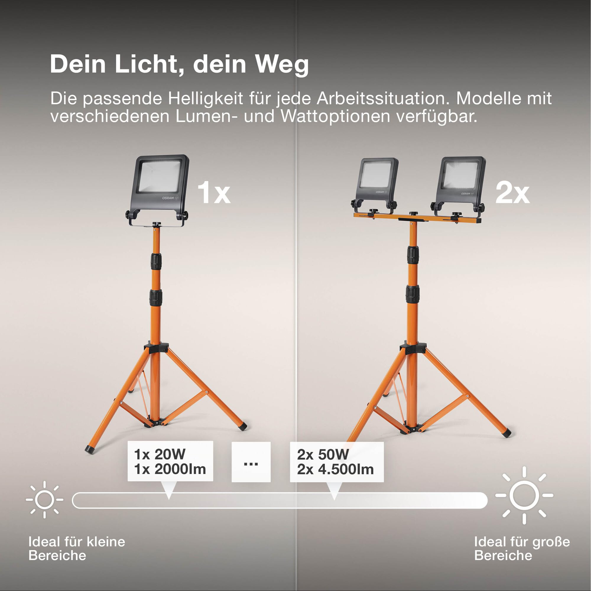 Osram LED Worklight Tripod Baustrahler mit Stativ, 2x50W, 9000lm, 4000K Kaltweiß, höhenverstellbar bis 1,8m, IP65