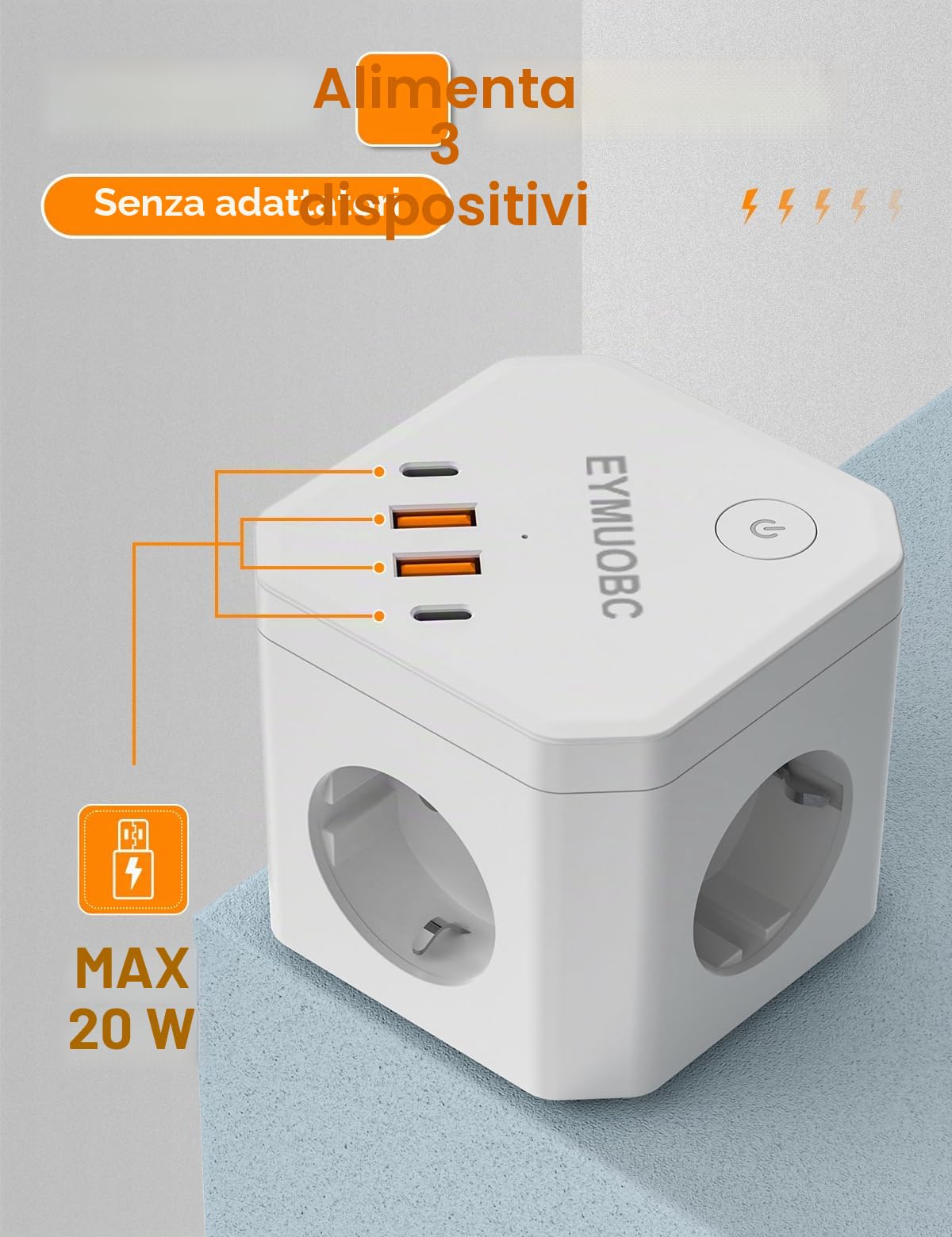 Ciabatta Elettrica 8-in-1 con USB-C Ricarica Rapida 20W e Protezione Sovratensioni, 4 Prese con Interruttore, 3680W, Cavo Prolunga 2m, Per Casa, Ufficio e Viaggi