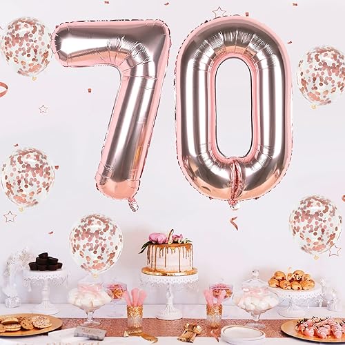 Miniatura 7 de Globos de número 70, oro rosa, globos grandes de cumpleaños del número 70 de 40 pulgadas con globos de confeti de oro rosa, globo de número de helio