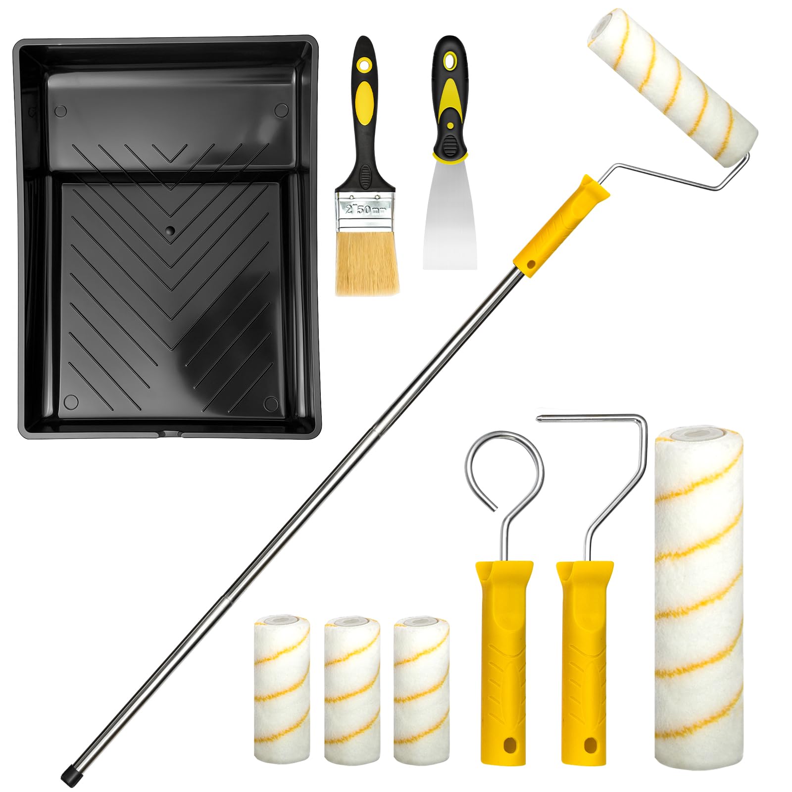 GreenWhim 12 PCS Paint Roller Set with Extension Pole, Large & Small Rollers and Tray – Effortless and Precise Painting for Walls, Ceilings, Doors and Trim