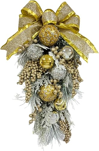 Corona de lágrima de Navidad iluminada, guirnaldas de lágrima florales de Navidad con temporizador, agujas de pino flocadas de nieve, bolas de