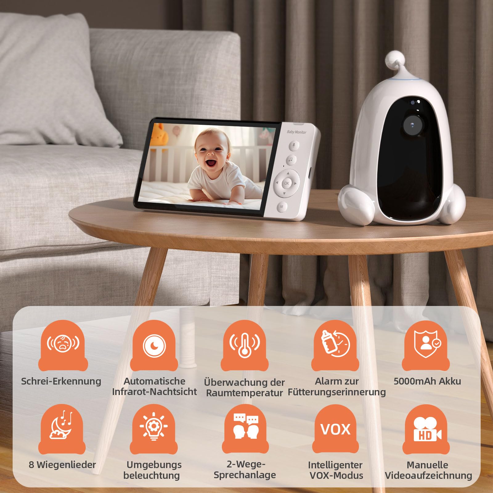 ASFSKY Moniteur pour bébé, babyphone avec caméra, écran HD 5", détection de Serre, Vision Nocturne Infrarouge, Audio bidirectionnel, 8 musiques, Enregistrement vidéo, Mode VOX (Blanc)