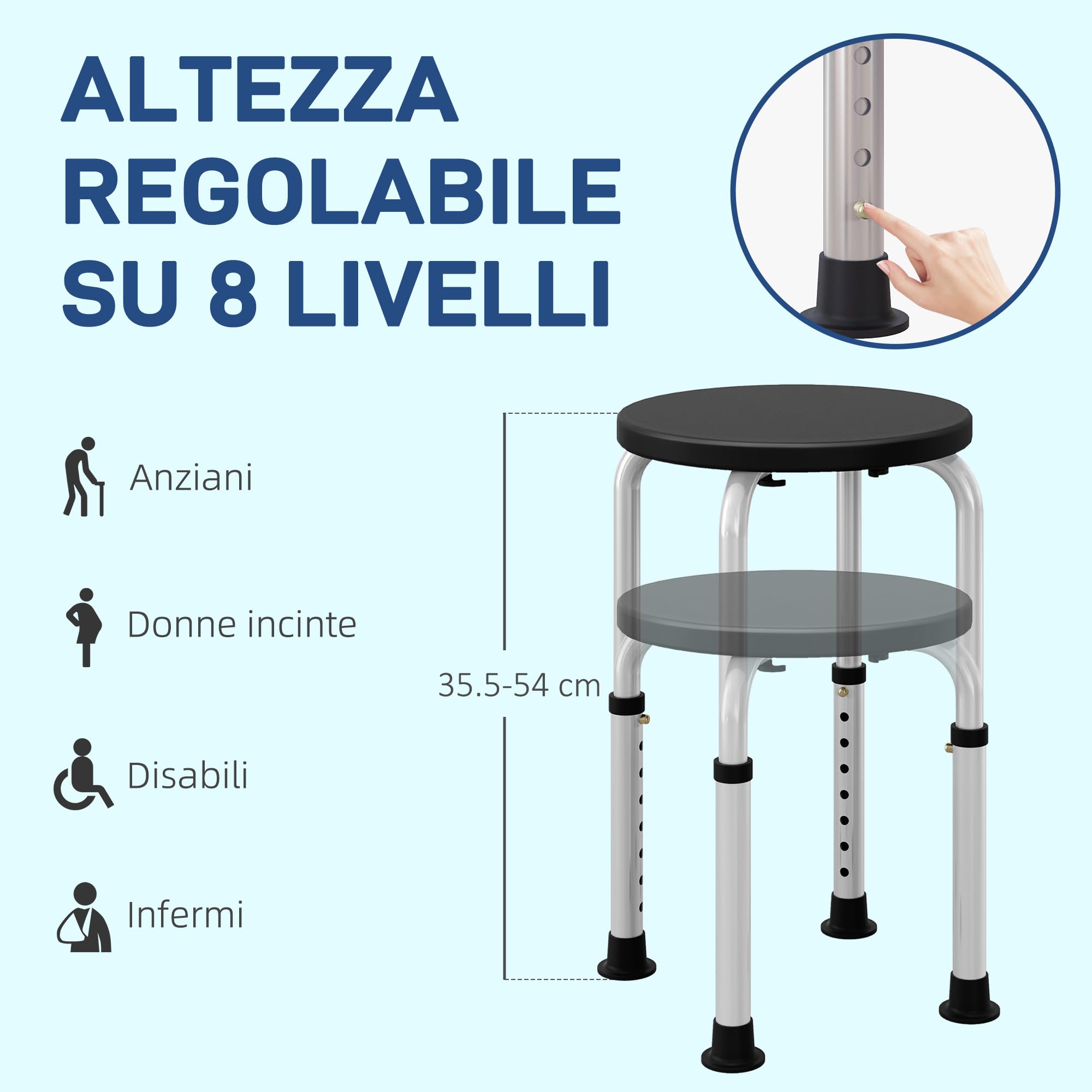 HOMCOM Sgabello da Doccia Girevole a 360° con Piedini Antiscivolo e Regolabile in Altezza su 8 Livelli, Sgabello per Doccia in Alluminio e PE, 32.5x41x35.5-54 cm, Nero