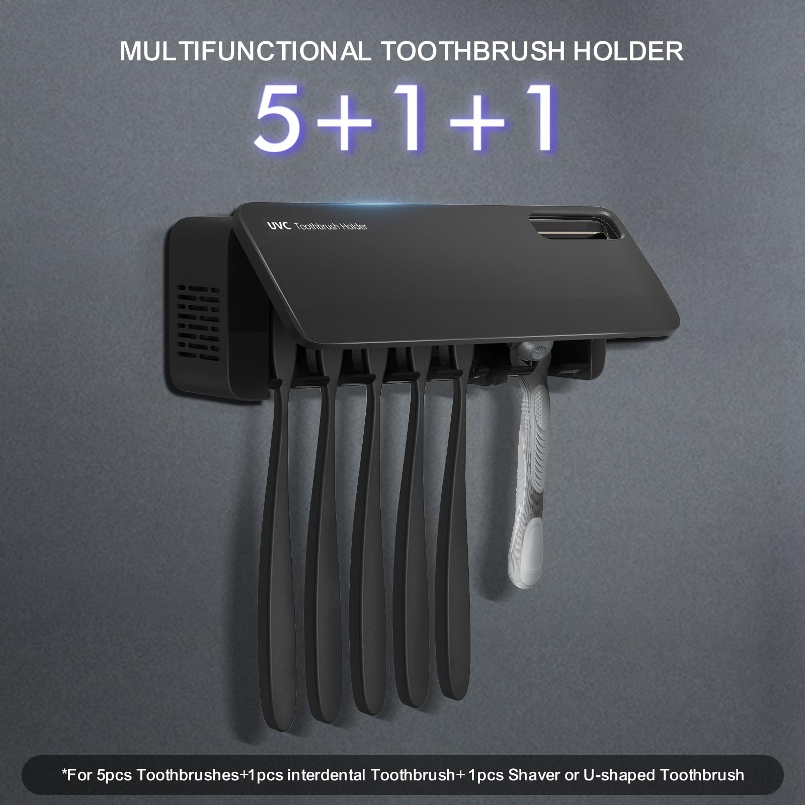Soporte para cepillo de dientes UV, 5+1+1 ranuras, soporte portátil para cepillo de dientes recargable montado en la pared con funciones de calefacción, sin taladrar (Blcak)