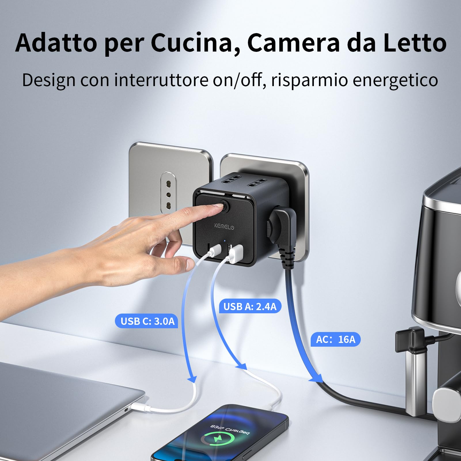 Ciabatta Elettrica Multipresa con 4 Prese Universali 10/16A ITA e Schuko, Ciabatta Multipresa con 2 USB A+2 USB C,Presa Multipla Spina Piatta Salvaspazio con Interruttori per Casa, Ufficio Nero