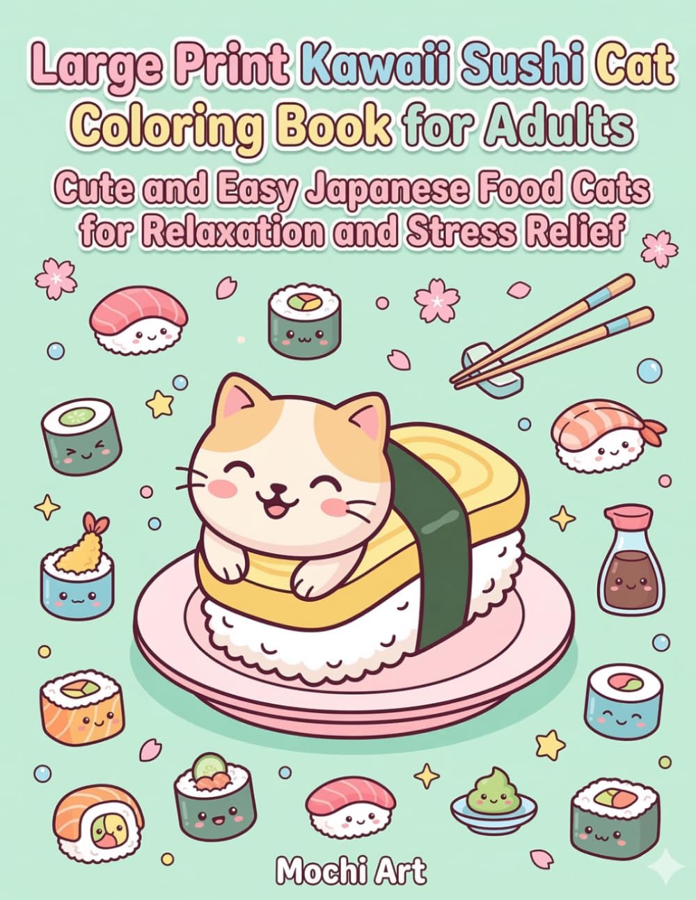 Large Print Kawaii Sushi Cat Coloring Book for Adults Cute and Easy Japanese Food Cats for Relaxation and Stress Relie: Cute Kawaii Sushi Cats and ... Bold Lines and Large Spaces for Easy Coloring