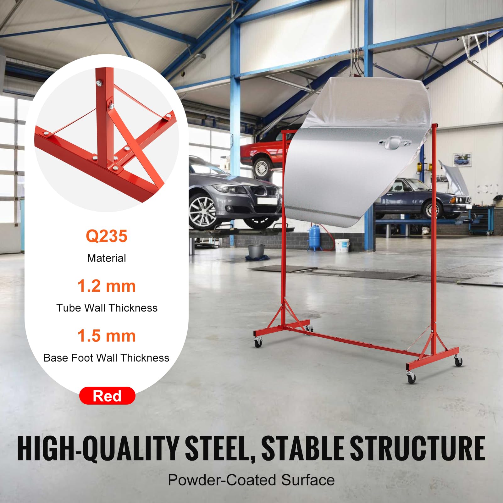 VEVOR Supporto per Verniciatura, Altezza Regolabile da 1,5 a 2,1 m Supporto per Carrozzeria per Auto con 8 Ganci, 4 Ruote Girevoli, Capacità di 30 kg per Officine di Riparazione Auto e Garage, Rosso