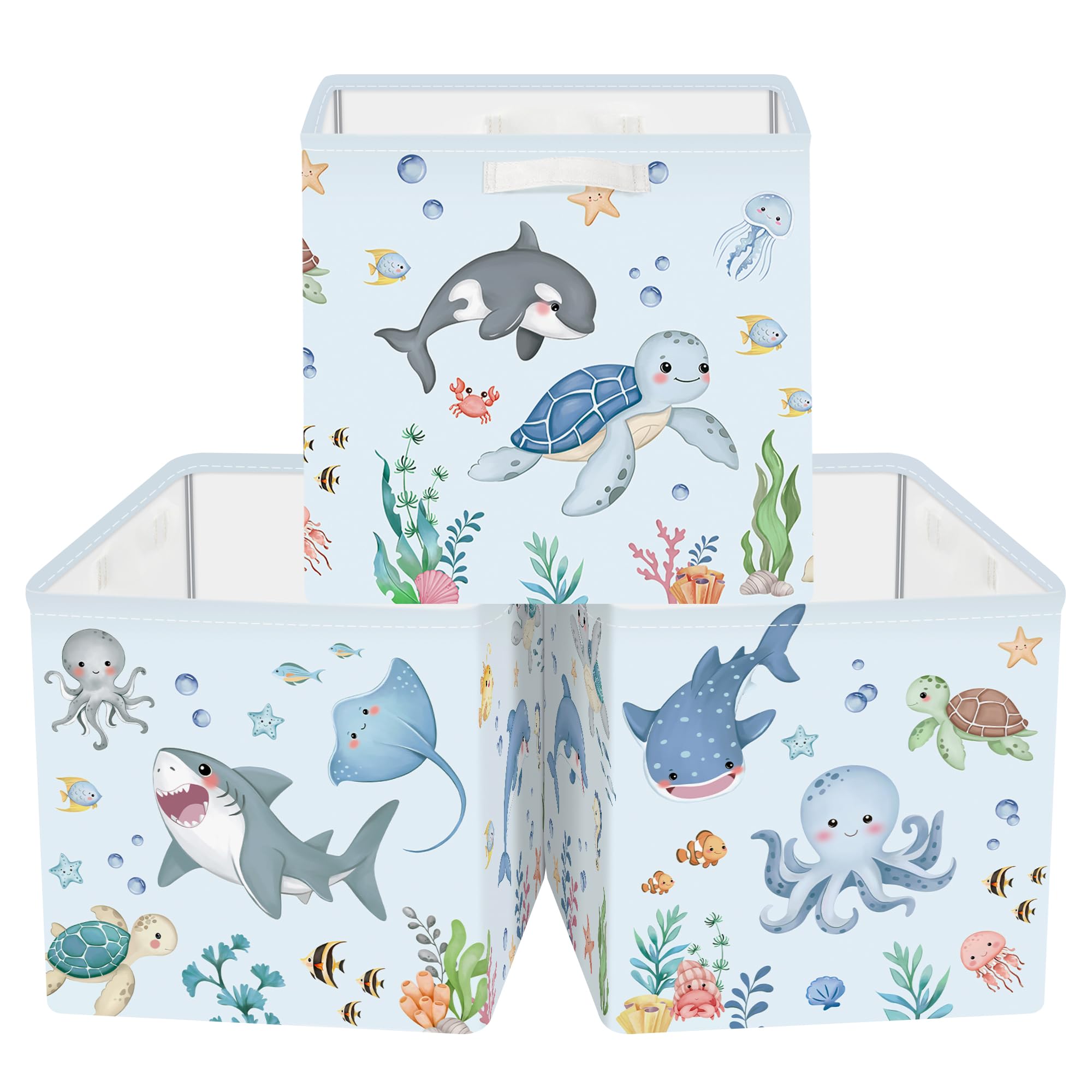 HUUMONSS 11.8" Ocean Creature Storage Cube Organizer Set 3Pcs Clothes Storage Basket Bin for Home Shark Whale Kid Book Toy Chest, Marine Animal