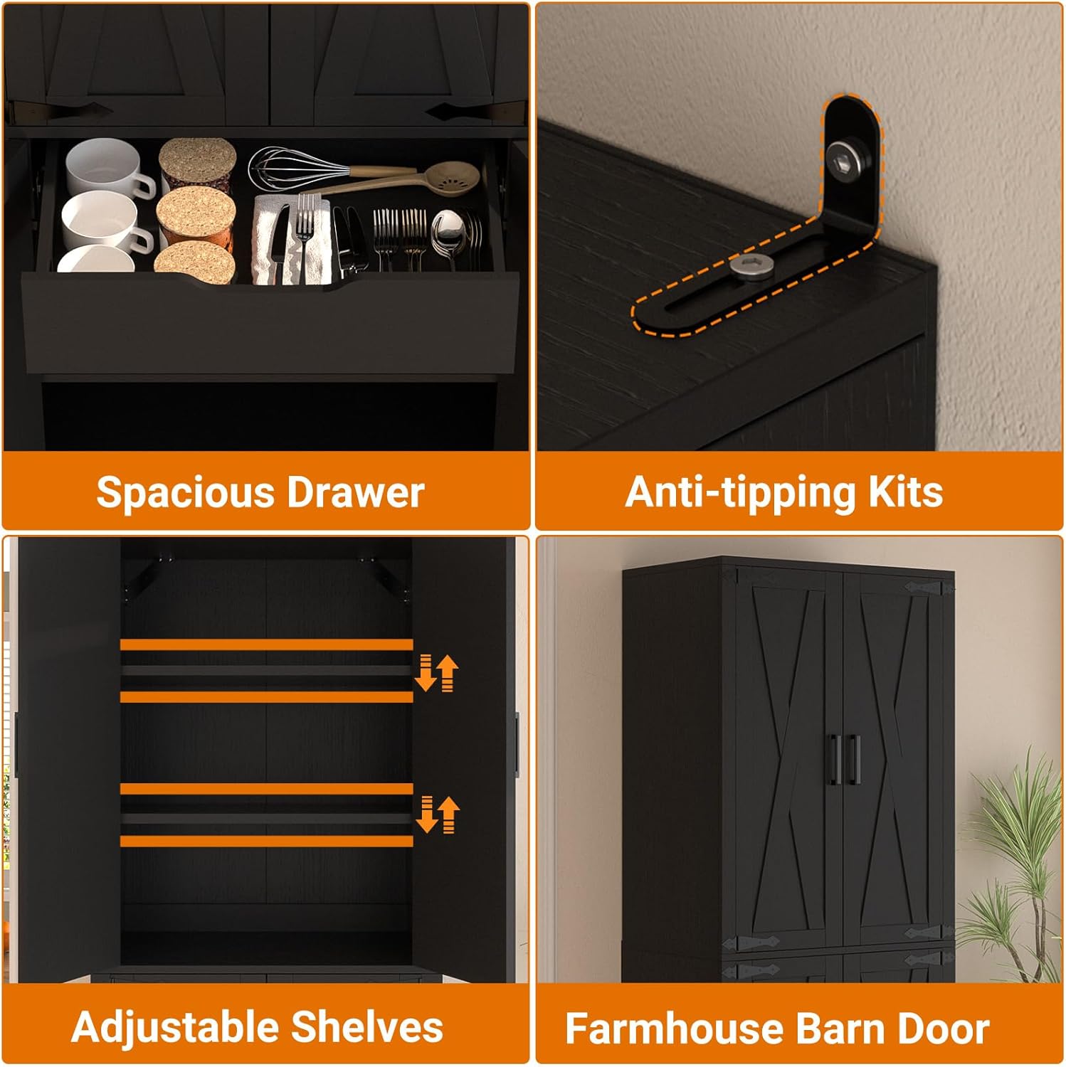 Unikito 71" Tall Kitchen Pantry Cabinet with Farmhouse Barn Doors and Storage Drawer, 4 Adjustable Shelves, Freestanding Cupboard for Kitchen, Dining Room, Living Room, Utility Room, Black