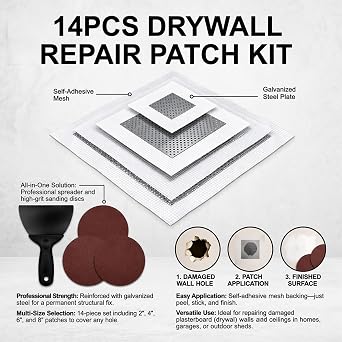 Wall Repair Patch, 14PCS Filler for Walls, Wall Patch, 2/4/6/8 Plasterboard Repair Patch, For Home Repairs, DIY, Wall Restoration and Patchwork on Drywall and Plaster Surfaces