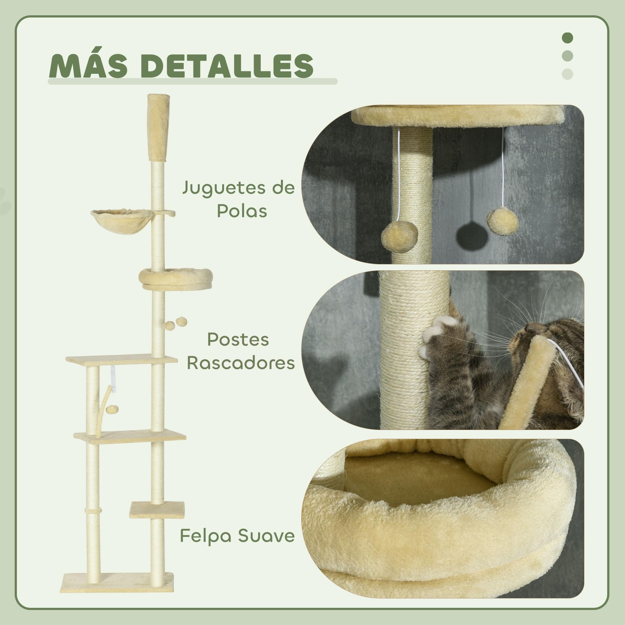 PawHut Árbol para Gatos de Suelo a Techo Altura Ajustable 230-250 cm Beige | Árbol Rascador para Gatos, Múltiples Plataformas, Cestos, Hamaca, Bolas Colgantes
