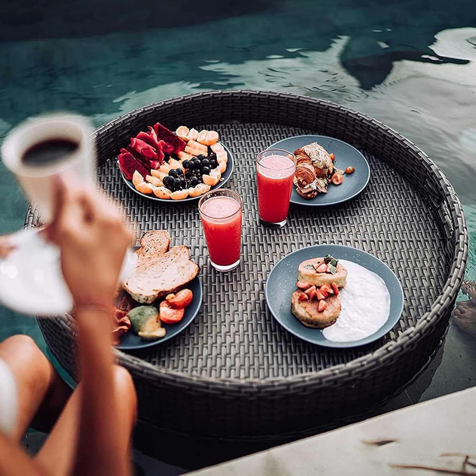 DzkZen Floating Serving Tray for Pool - Round Drink and Food Holder - Ideal for Sandbars and Pools - Perfect for Drinks, Food & Brunch Black-60cm