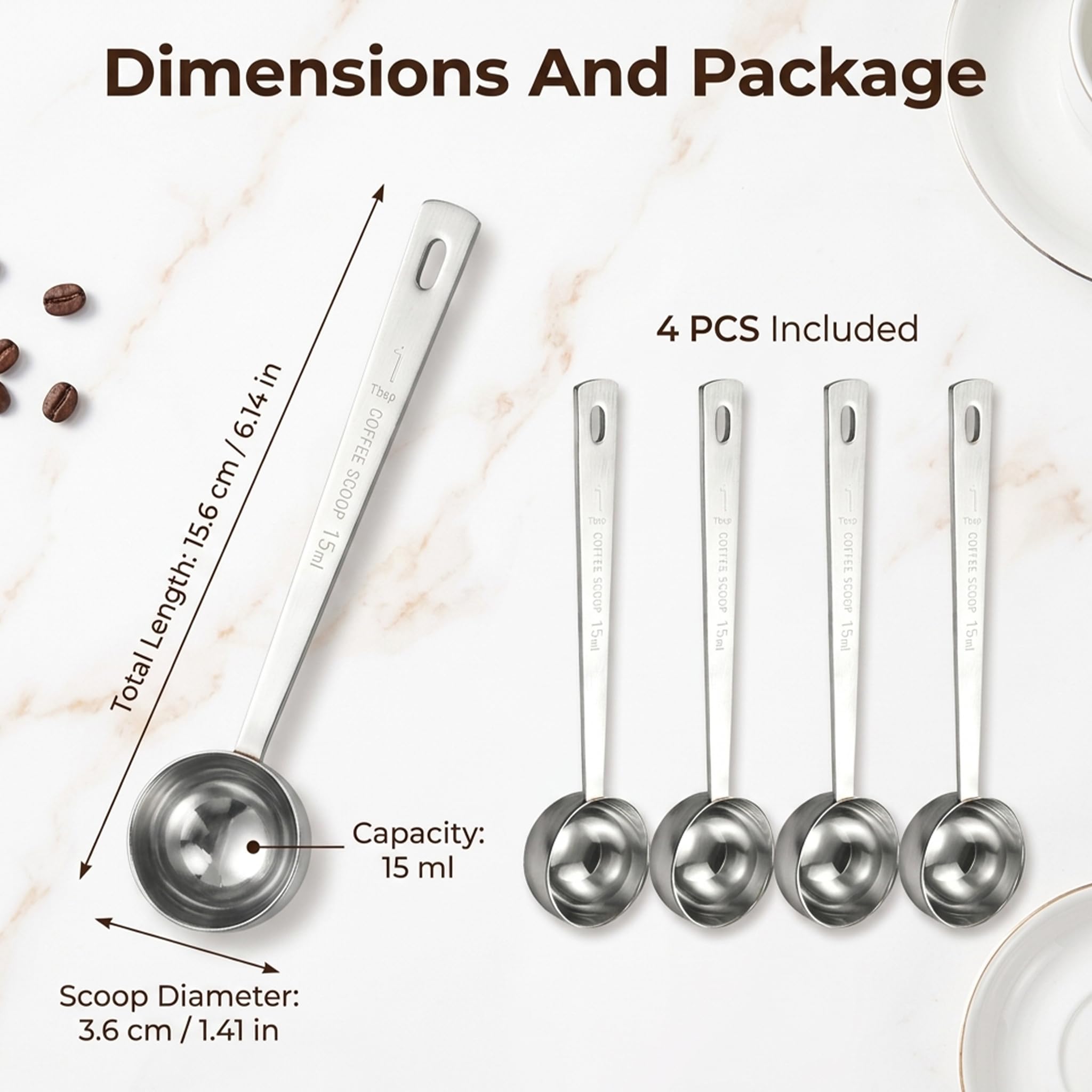 4 Stück Kaffee Messlöffel 15 ml, Kaffee Schaufel 15ml Kaffeemaßlöffel mit langem Griff Kaffeedosierlöffel zum Präzisen Abmessen von Kaffeepulver Tee Gewürzen und Zutaten Messlöffel Set für Küche Büro