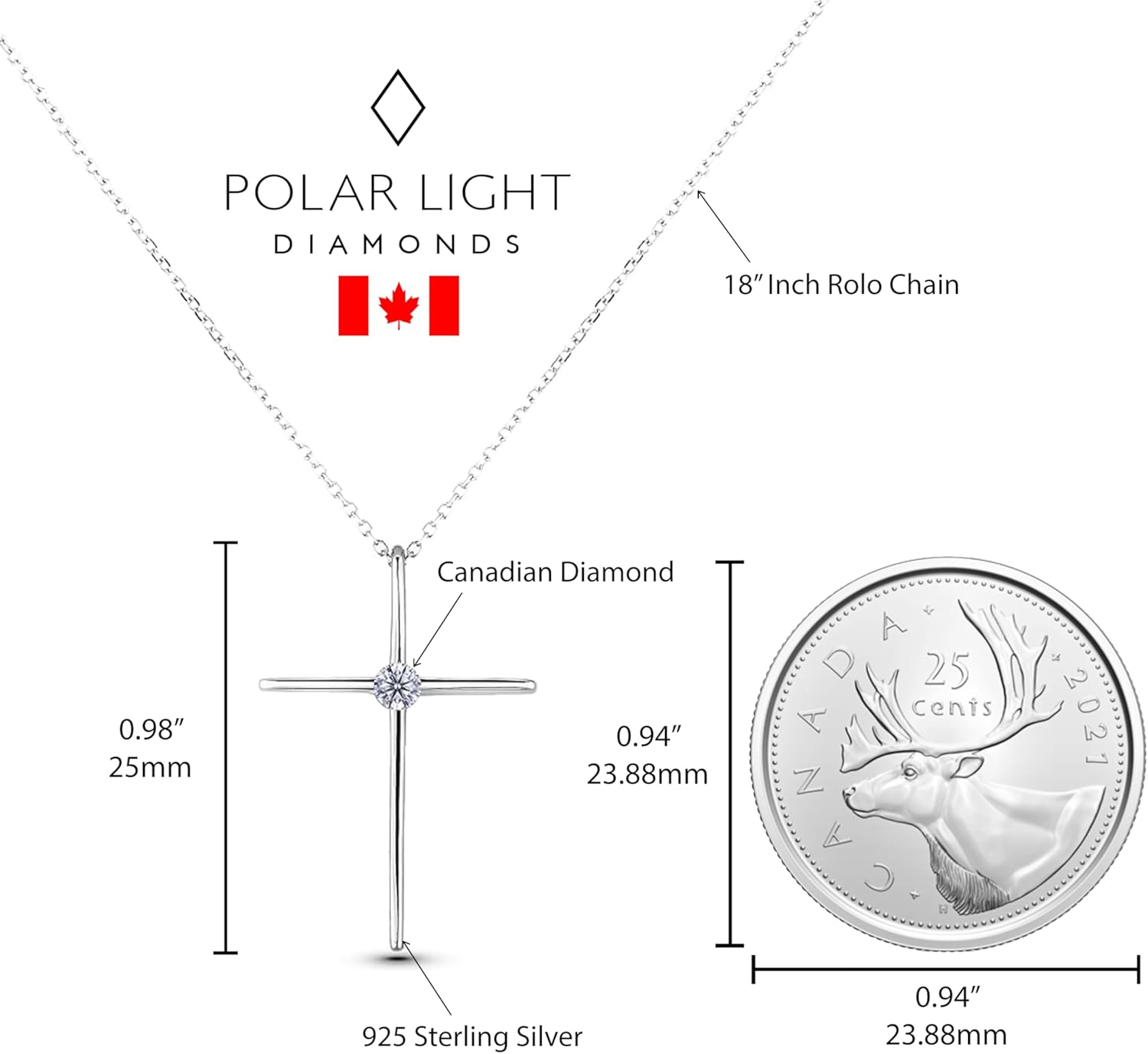 Polar Light .925 Sterling Silver Canadian Diamond Cross Necklace on 18" Paperclip or Curb Chain