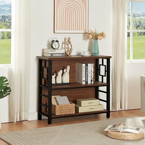 Miniatura 7 de HOMISSUE Estantería para libros, estantería de 3 niveles profundos con almacenamiento, estantería de madera y metal de ingeniería, estantería baja y