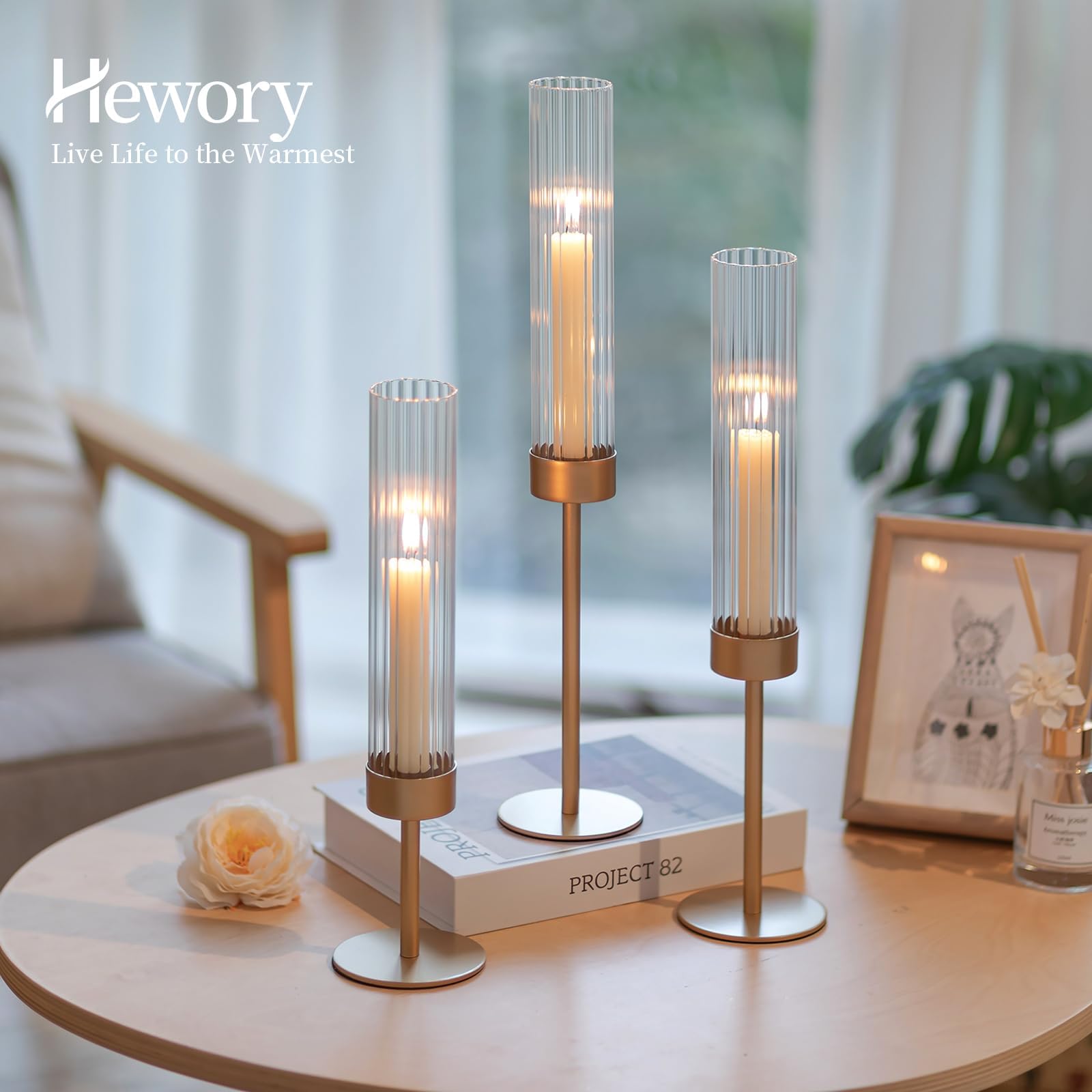 Hewory Gold Hurricane Candle Holders: Brass Candlestick Holders Set of 3 Tall Taper Candle Holders for Candlesticks Candle Sticks Holder Decor for Table Centerpiece Wedding Party Christmas Decorations