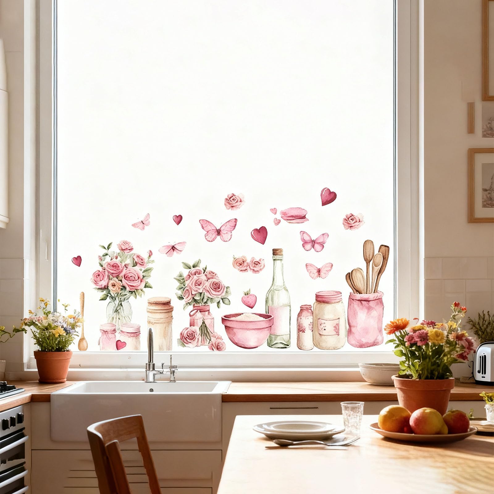 Muiltvoe Window Stickers, Window Stickers for Glass, Window Clings, Flower Pink Spring Summer Floral Butterfly, Double Side Static Anti-Collision Sticker for Home Kitchen Decorations, 30x60cm