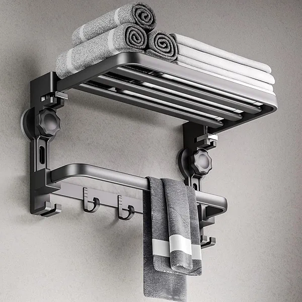 Towel Rack with Towel Bar Holder Suction Cup Foldable Towel Shelf No Drill with 7 Hooks Rustproof Towel Storage Wall Mount for Bathroom Lavatory Matte Black 20 Inch