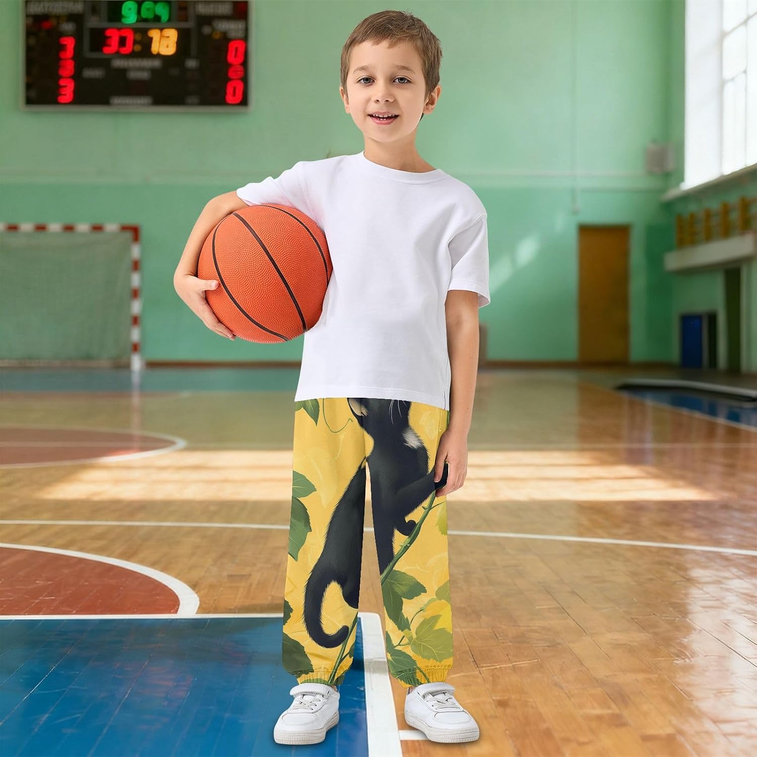 Boy Sweatpants Cat Retro Leaf Yellow Joggers Casual Athletic Pants Kids Elastic Waist Cuffed with Pockets