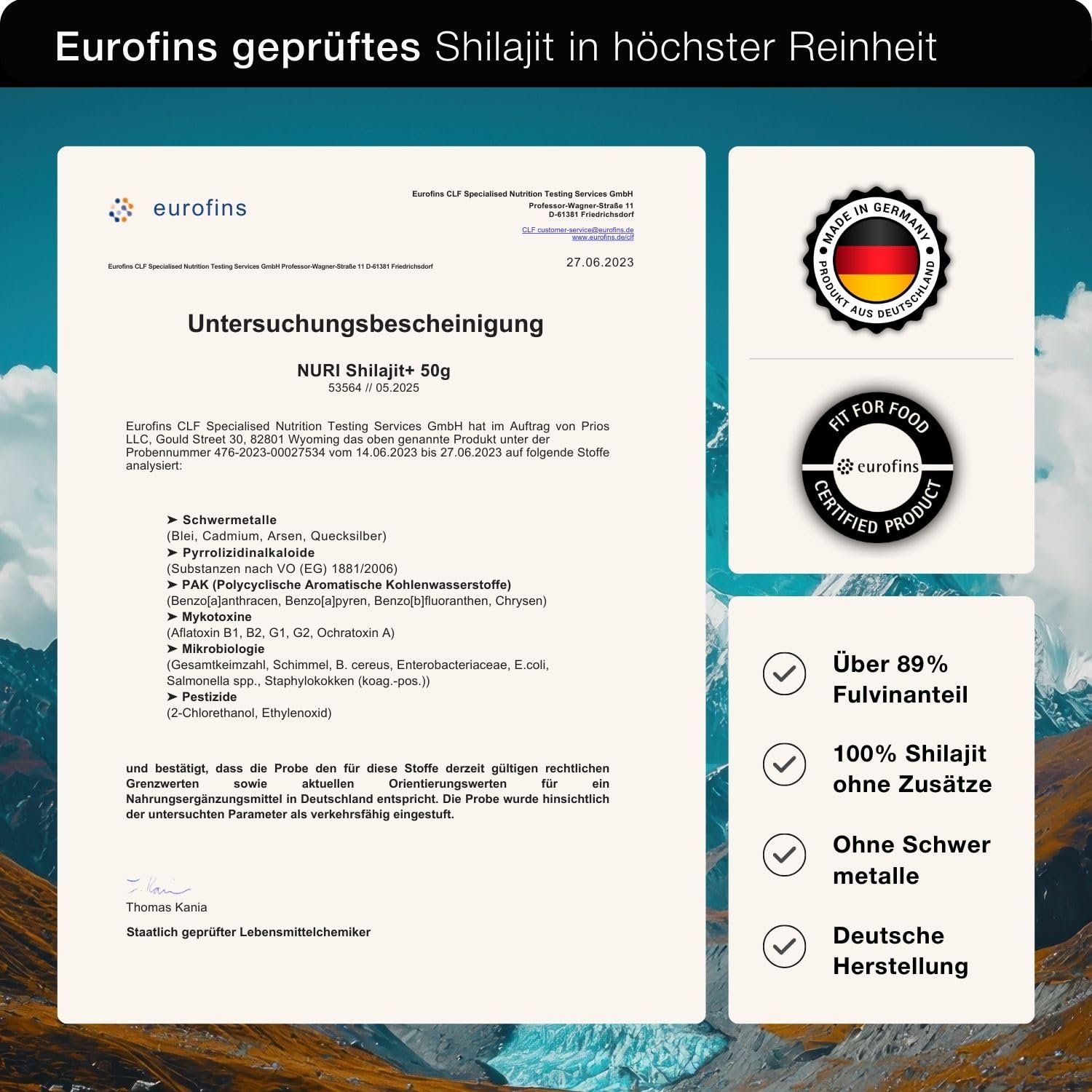 NURI Resina original Shilajit – 50 g de resina pura orgánica del Himalaya – 100 porciones – 89% ácido fúlvico – Vegano, probado en laboratorio y fabricado en Alemania