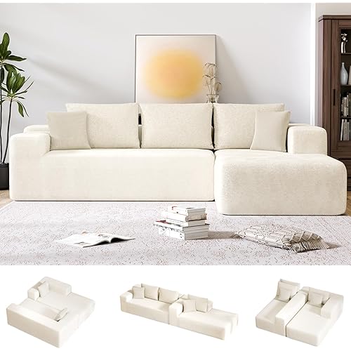 Cloud Sectional Couch, 104" L-Shape Modern Modular Sofa with Left Chaise Lounge, Compressed Couches with 2 Pillows & Deep Seat, Rain Drop Velvet Fabric Sofa for Living Room, Beige
