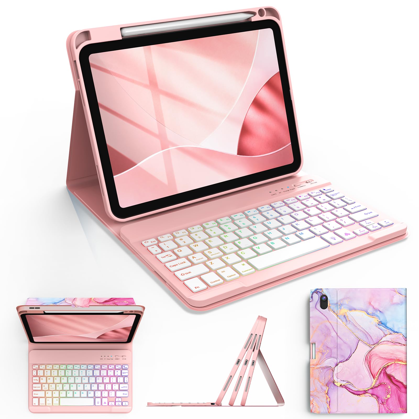 Funda con Teclado para iPad A16 11ª Generación 2025 y 10ª Generación 2022 | Teclado Bluetooth magnético desmontable con Español, Diseño Mármol,Diseño Mármol, RGB de 7 Colores, Para iPad 11ª Generación Global Recycled Standard Global Recycled Standard Global Recycled Standard