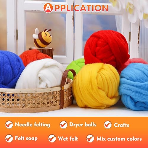 Vista 18 de 3.53 oz lana Roving, suministros de fieltro de lana, lana pura, hilo grueso, hilado de lana giratoria para fieltro de aguja, fieltro húmedo, Blanco