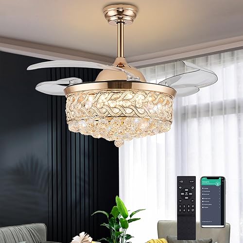 Miniatura 1 de DuMaiWay Ventilador de techo de cristal de 48 pulgadas con luz y control remoto, ventilador de araña de cristal LED regulable de 6 velocidades,