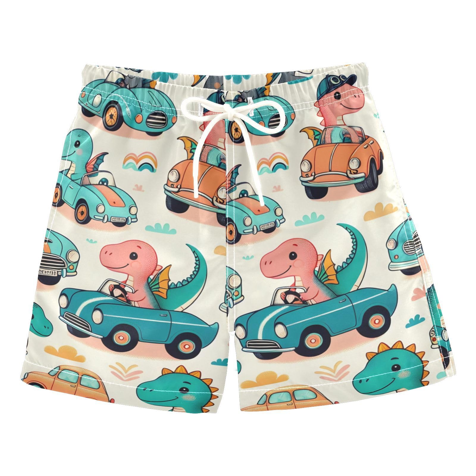 FLildon Cartoon Dinosaurs Drive Cars Boys Swim Trunks with Mesh Lining Quick Dry Beach Board Shorts, 4T