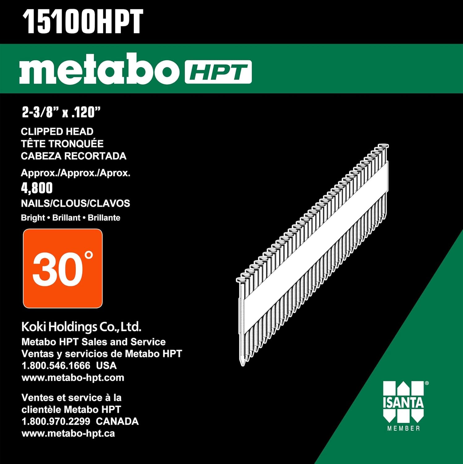 Metabo HPT 15100HPT Clipped Head Paper Tape Framing Nails 2-3/8" x .120 SM | 4800 Count