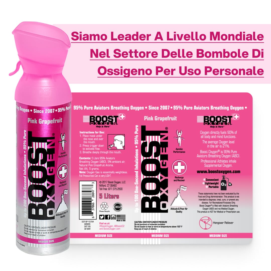 Boost Oxygen - Bombola di Ossigeno Portatile - Bomboletta di Ossigeno Puro e Naturale al 95% - Concentrazione, Recupero, Energia, Umore, Medio - 40Lt,8x5Lt (8x Pacchi - 800 Inalazioni) - Pompelmo Rosa | Bomboletta di Ossigeno Puro al 95% Portatile per Rec