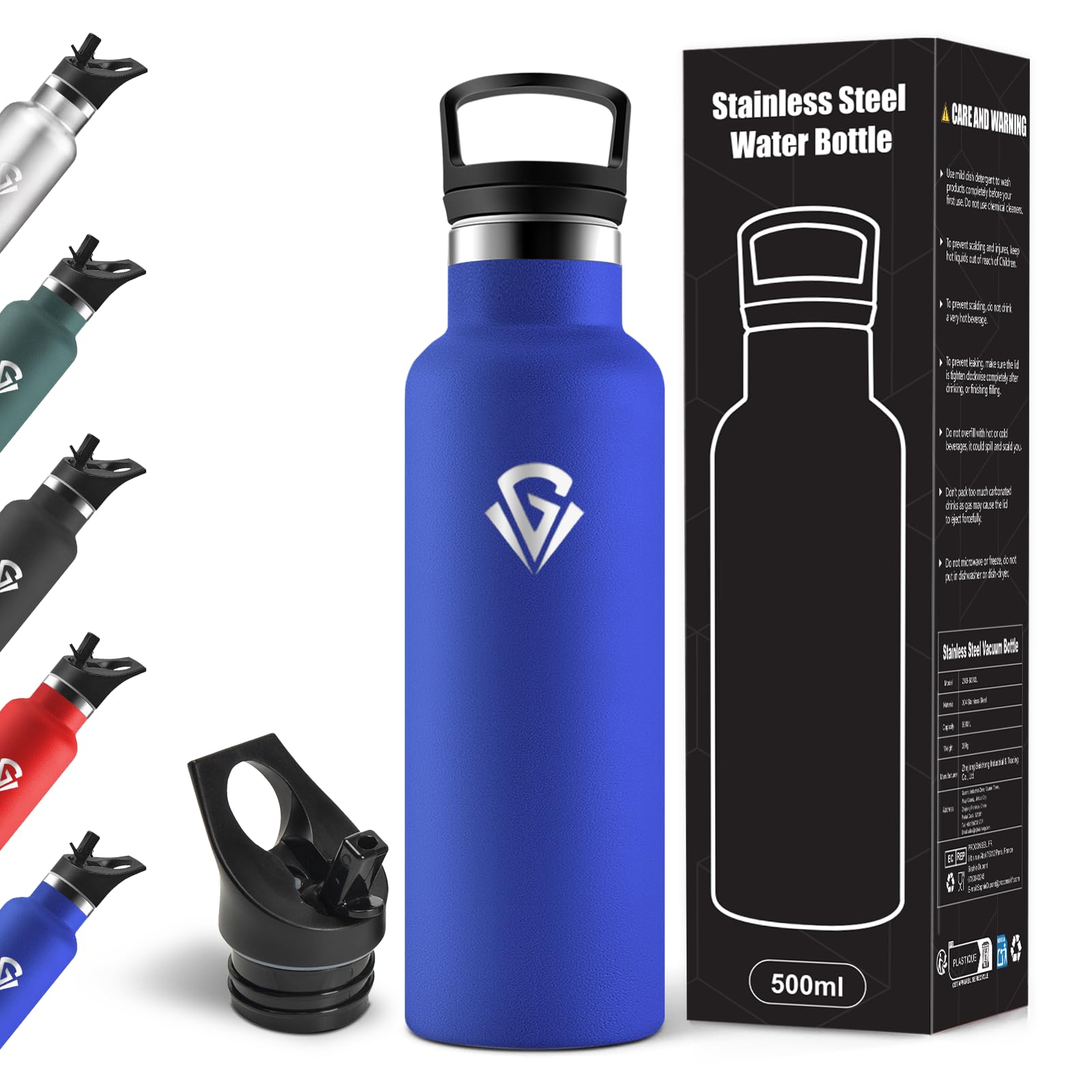 Motswedi Insulated Water Bottle, 500 ml BPA Free, 2 Lids (Incl. Straw), Stainless Steel Water Bottle, 304 Stainless Steel, Water Bottles Ideal for School, Yoga and Everyday Use - Royal Blue