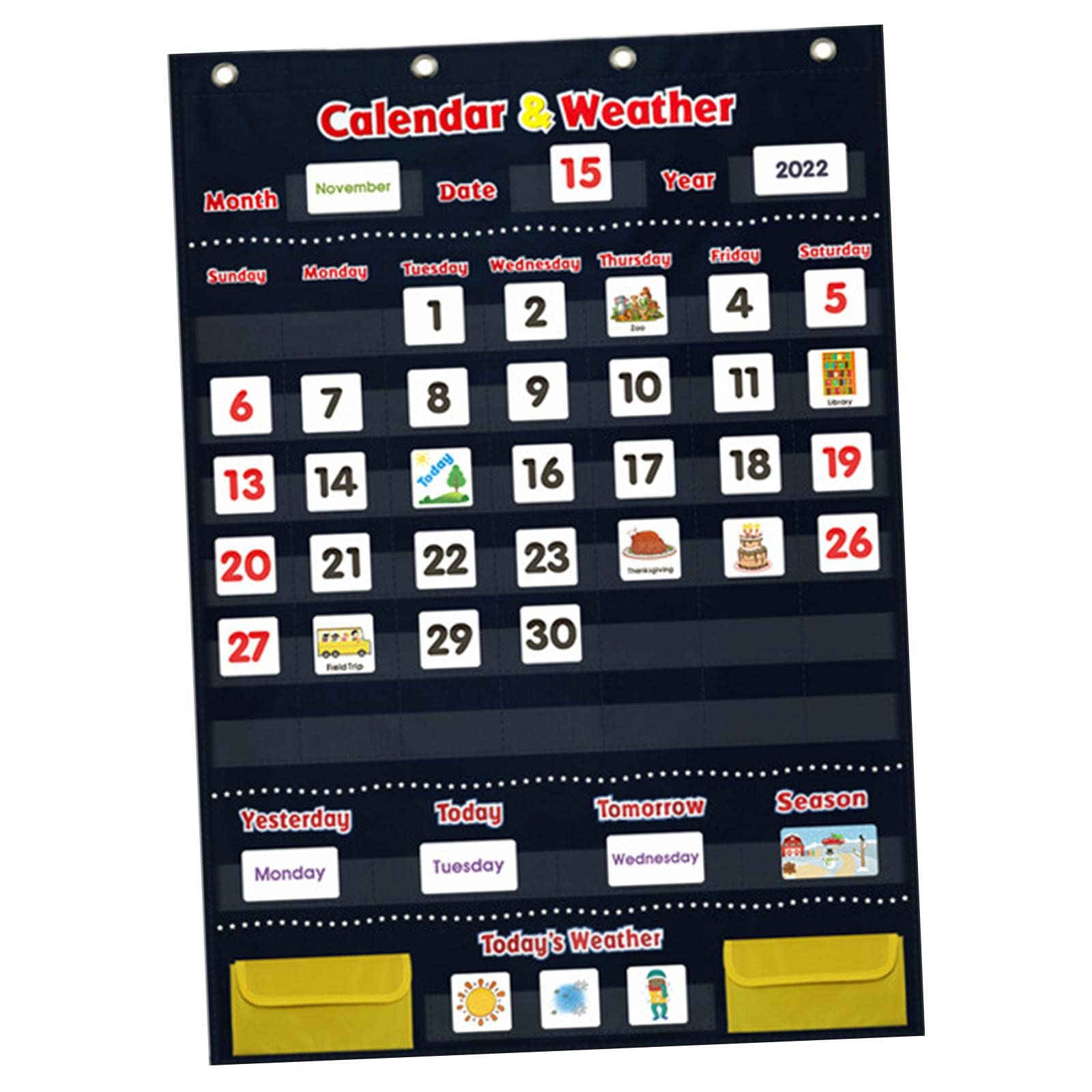 Qianly Calendrier et Tableau Météo de Poche avec 142 Cartes et 4 Crochets pour Enfants de 4 à 8 Ans