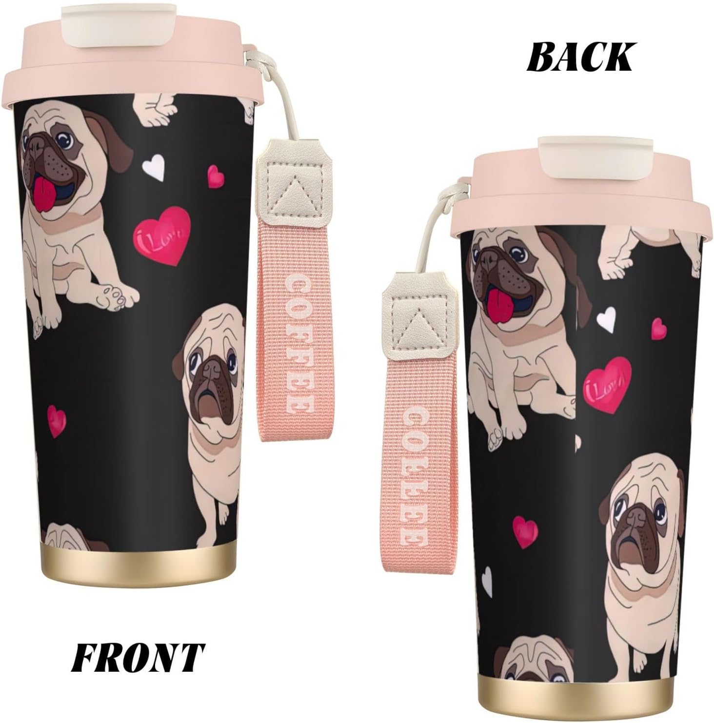 Cute Pug Print Leakproof Insulated Coffee Mug,Stainless Steel Dual Drink Travel Tumbler,17 OZ