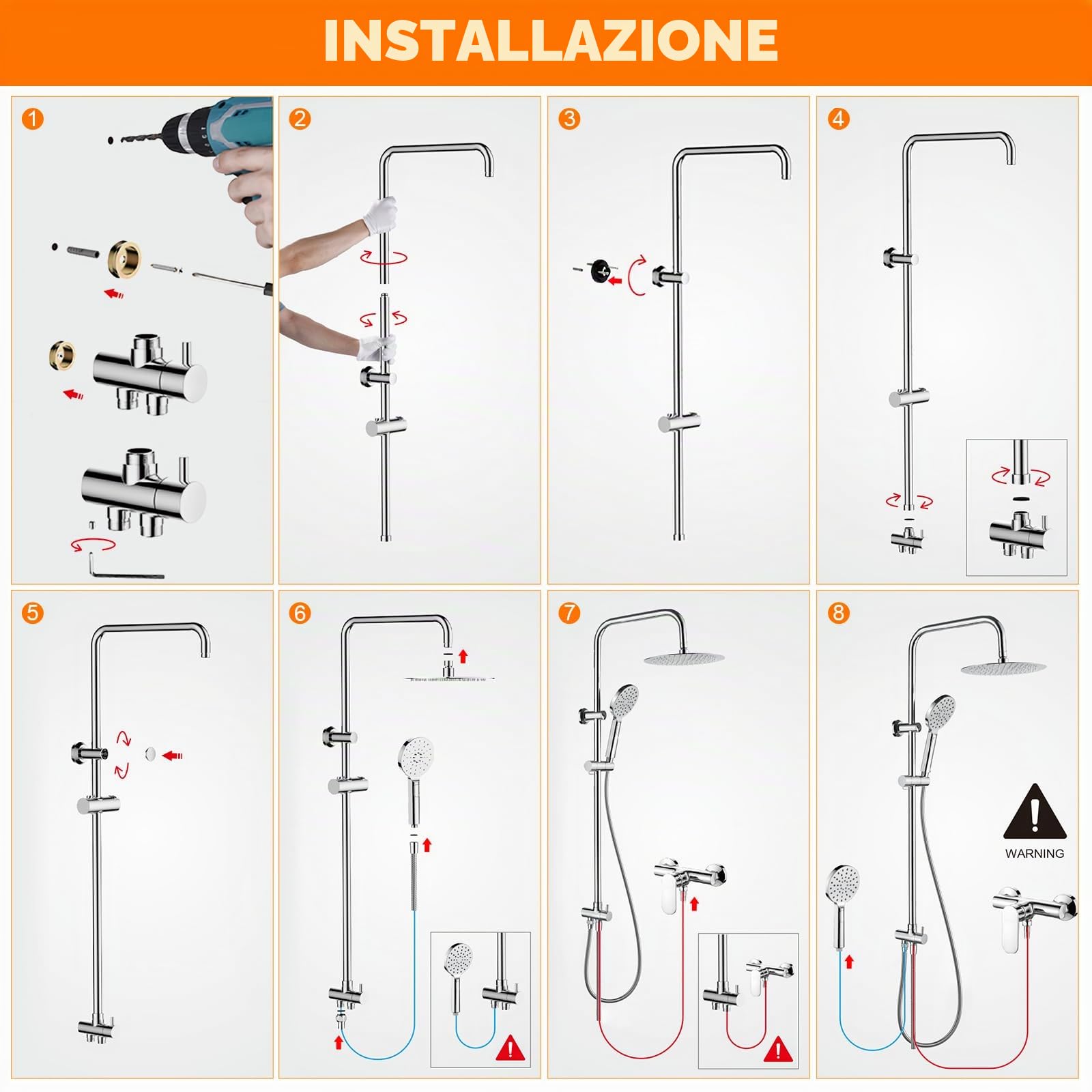 GRIFEMA Colonna Doccia Colonna Doccia Acciaio Inox Senza Miscelatore Fori Muro Regolabili Asta Doccia Gruppo Doccia Colonna Con Soffione e Doccetta Porta Ogetti Mensola 25x25cm, G7005