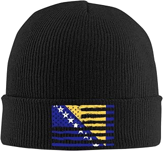 Beanie Knit Hat Bosnia Bosnian America Flag USA Friendship Skull Cap Unisex Winter Warm Beanie Woolen Hats Lightweight Soft Elastic Force Cuffed Cap for Man Women Black