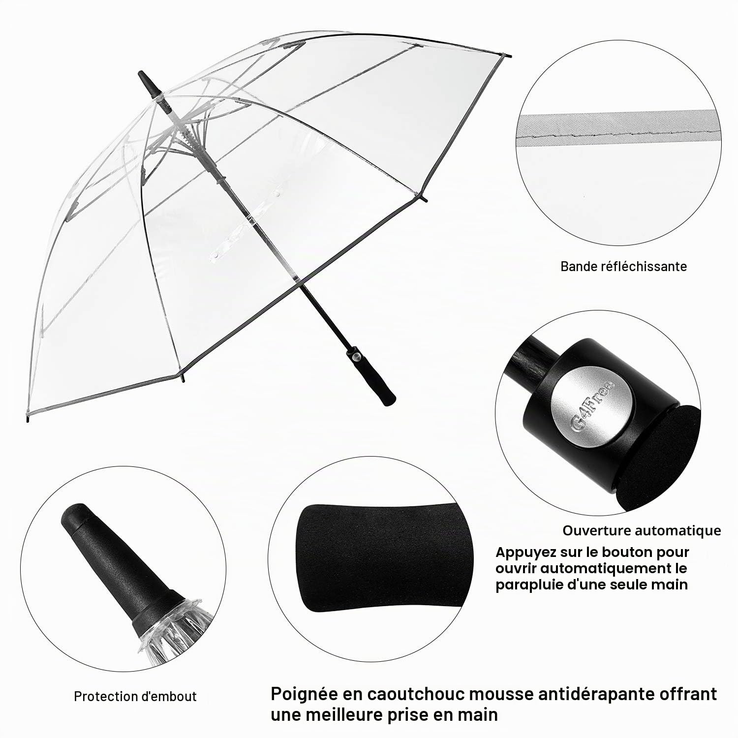 G4Free Parapluie de golf transparent de 157,5 cm avec ouverture automatique, surdimensionné, coupe-vent, imperméable avec manches, pour homme et femme