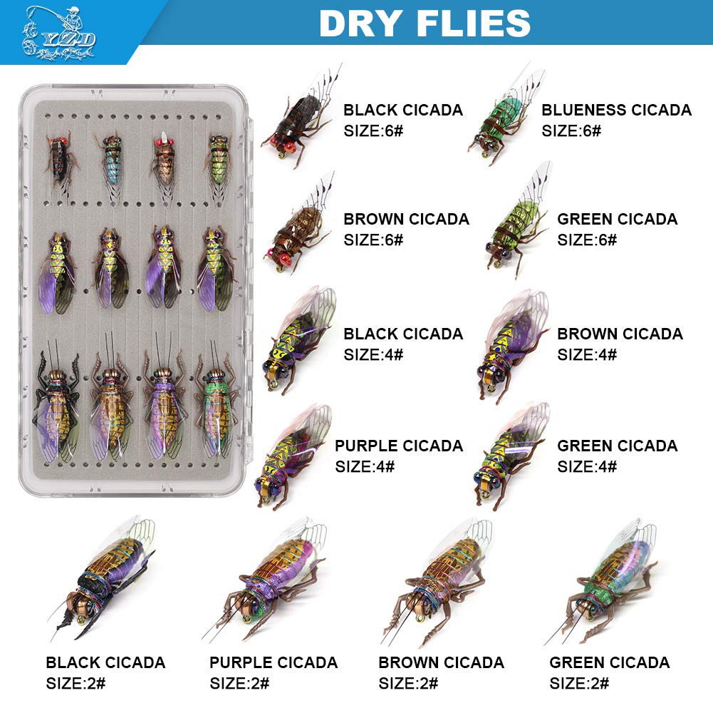 YZD Lot de 48 leurres pour pêche à la Mouche et Mouches réalistes, 4-Cicada kit 12pcs
