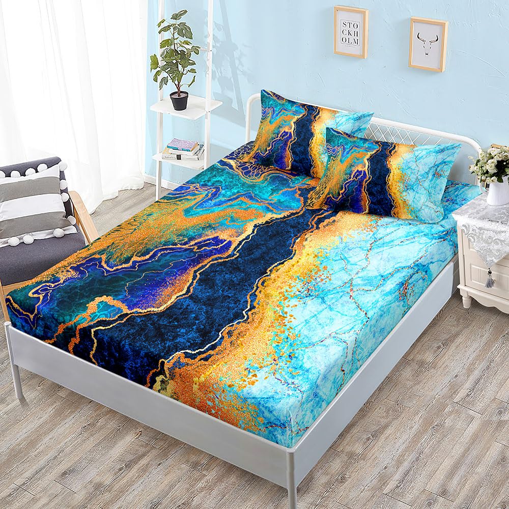Juego Sabanas 160X200Mármol Azul Bedding Juego De Sabanas 3 Piezas - Poliéster Microfibra Cepillada Funda Colchon - Hipoalergenica Juego De Sabanas - 2 Fundas De Almohada