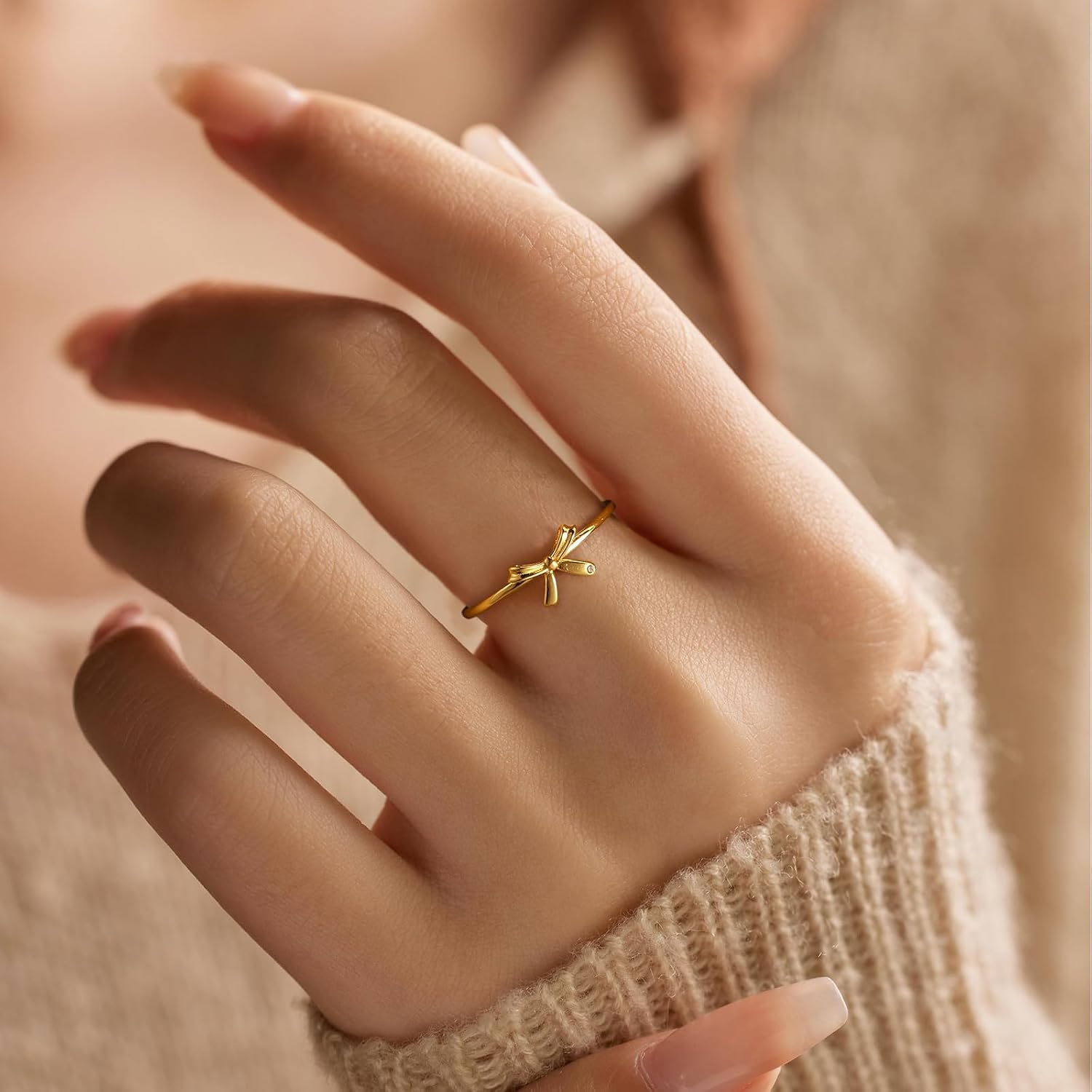 Bow Rings for Women Girls Mother Daughter Friendship Knot Ring 925 Sterling Silver Dainty 14K Gold Plated Promise Rings for Her Birthday Mothers Day Gifts