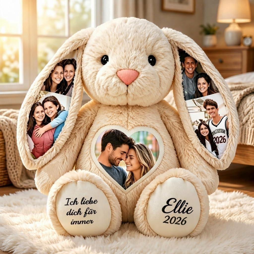 VEELU Personalised Photo Bunny Teddy Bear 26cm/40cm, Custom Keepsake Stuffed Bunny Plush with Hidden Ear Pictures, Personalised Wedding Anniversary Birthday Gifts for Women, Animal Girl, Couple