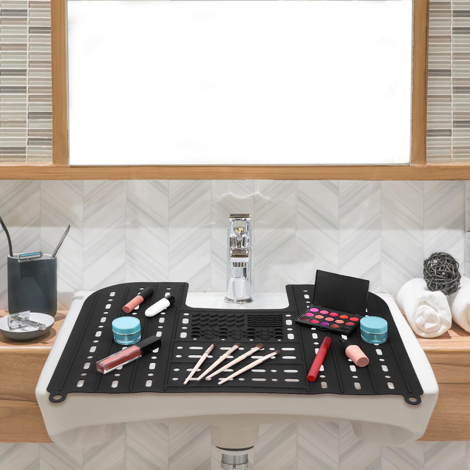 Cubierta Superior Plegable de Silicona Negro para Lavabo y Maquillaje con Almacenamiento práctico en baño