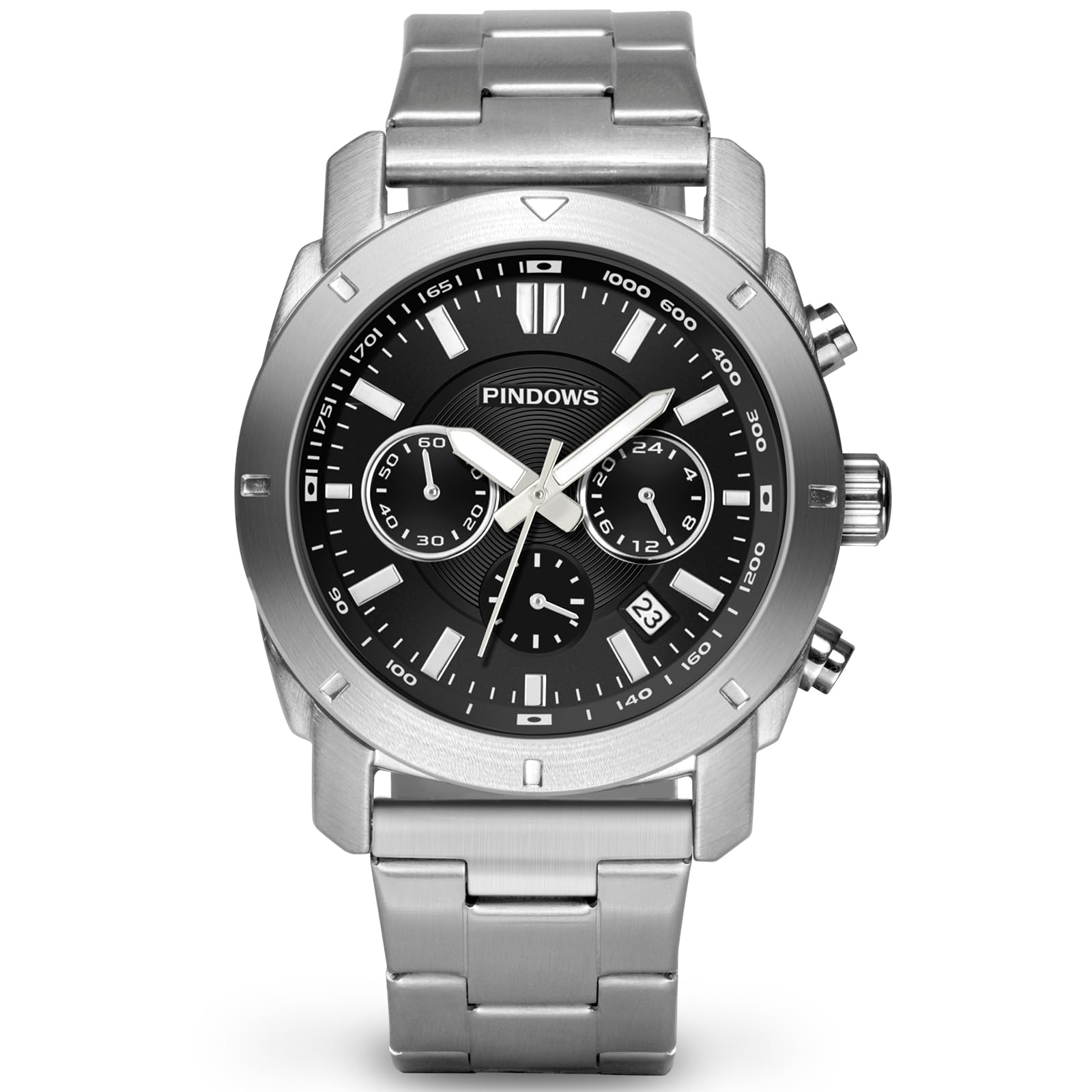 PINDOWS Chronograph Watch for Men Stainless Steel Sport Multifunction Watches Silver Fashion Quartz Wristwatches (B0D62XPPZN) Amazon Price History, Amazon Price Tracker