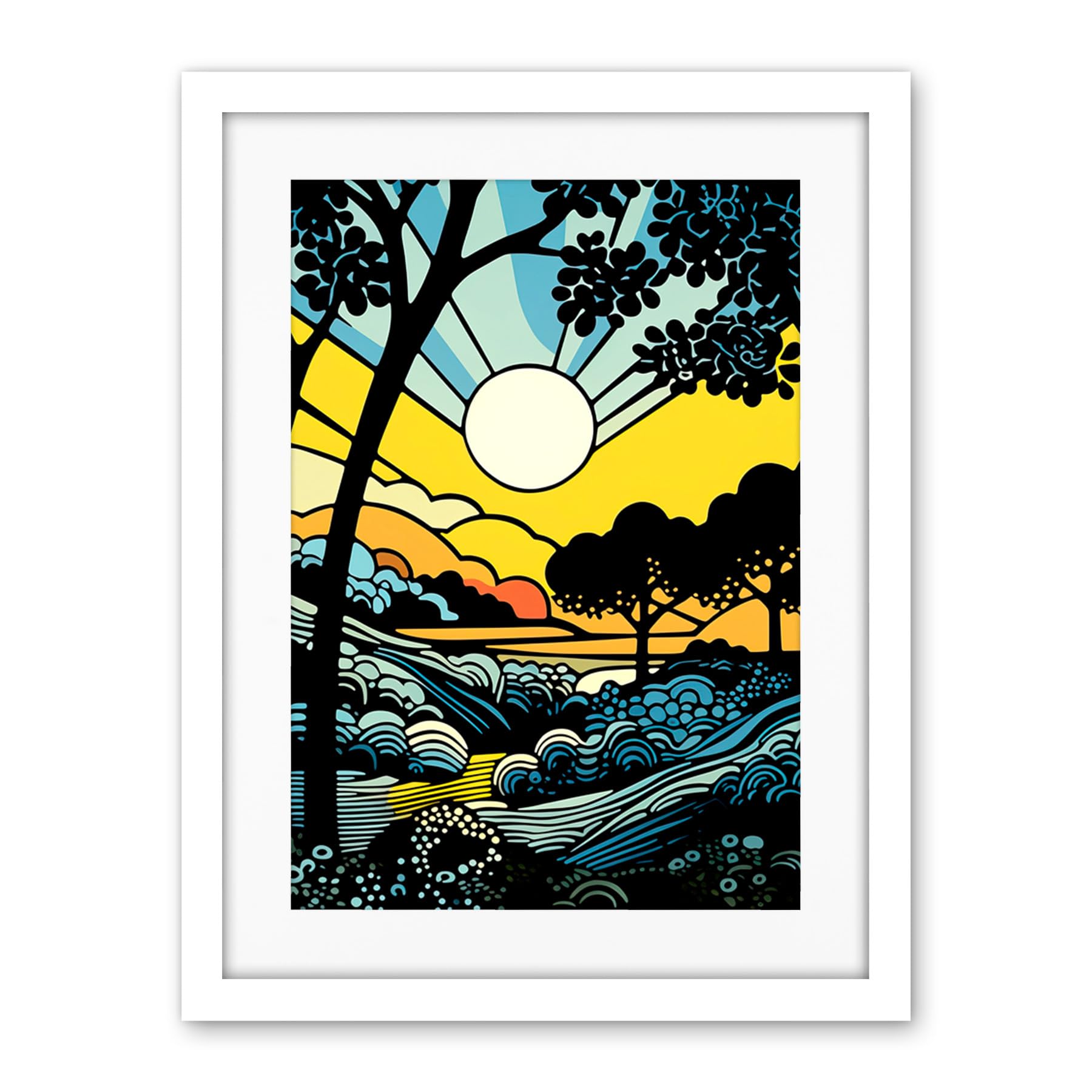 Artery8 Forest Sunrise Landscape Sun Rays Patterns Blue Orange Pop Art Comic Book Halftone Artwork Framed Wall Art Print 18X24 Inch