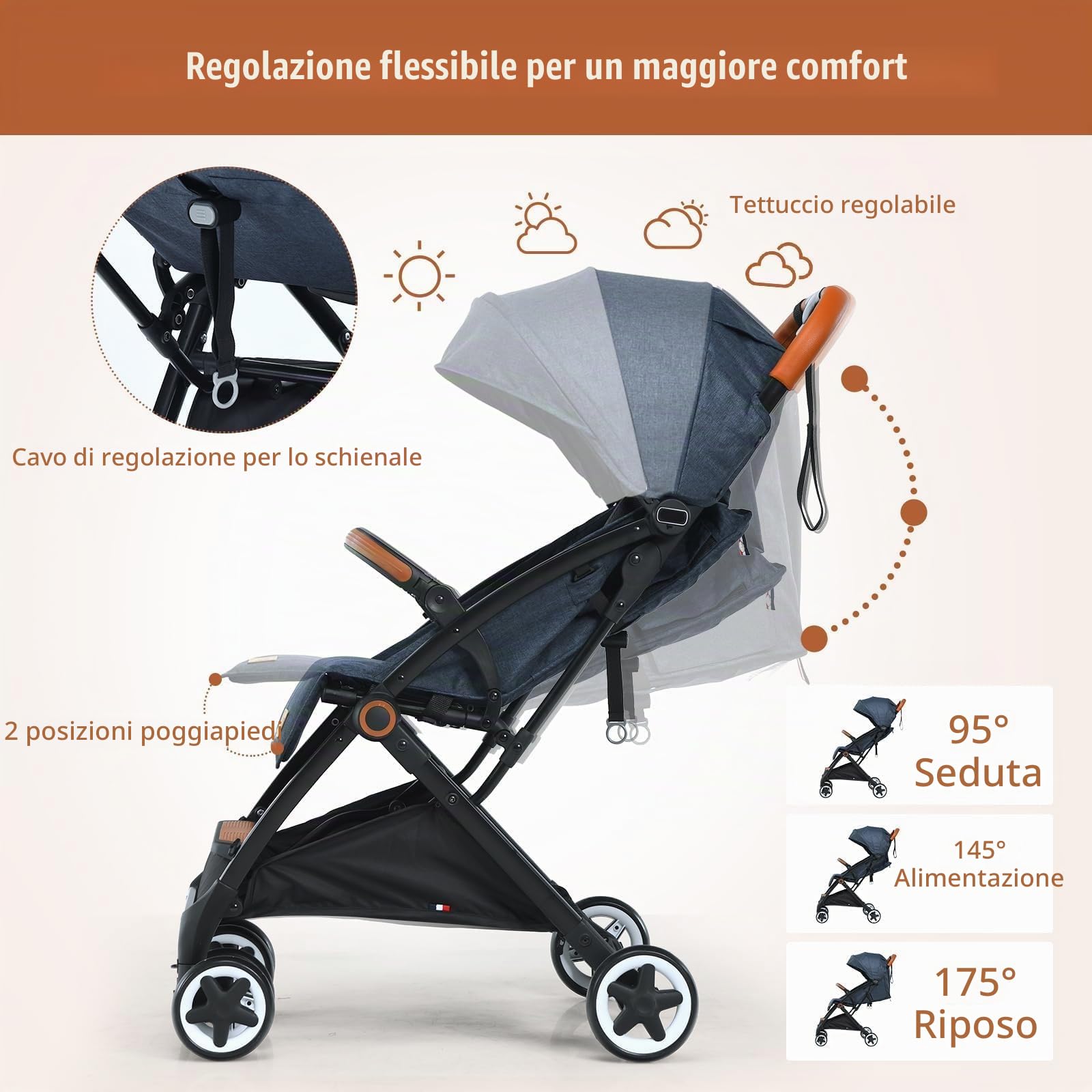 FANTASK Passeggino per bambini pieghevole, cintura di sicurezza a 5 punti con funzione sdraiata, passeggino da viaggio con tettuccio e schienale regolabile, passeggino per bambini fino a 3 anni