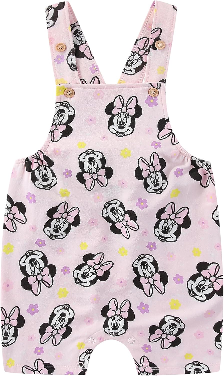 Disney Minnie Mouse Baby Girls French Terry Shortall Overalls T-Shirt and Hat 3-Piece Set for Infants