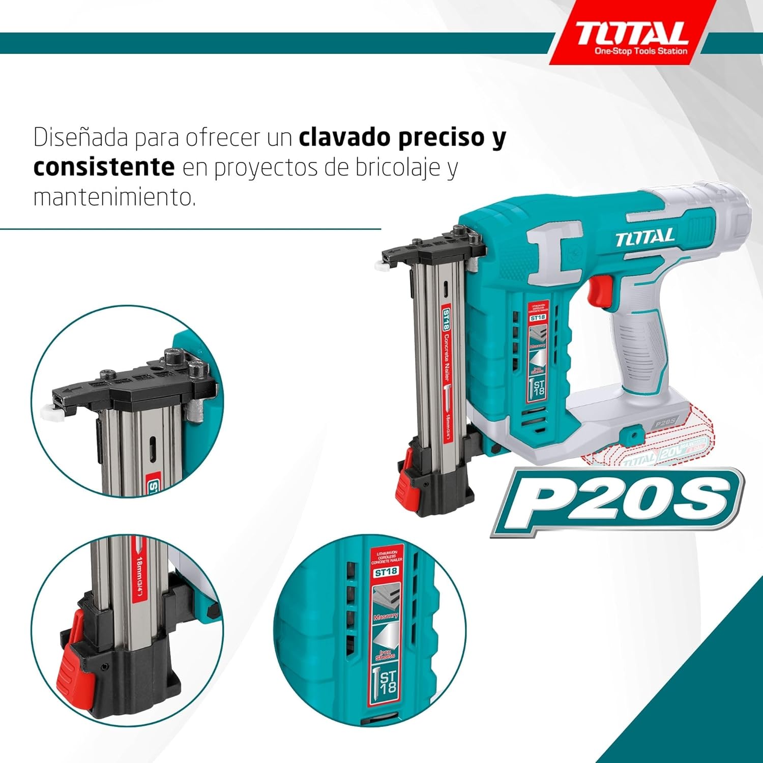 Одблиску view of the TOTAL TCSTLI3805 nail gun magazine and front mechanism