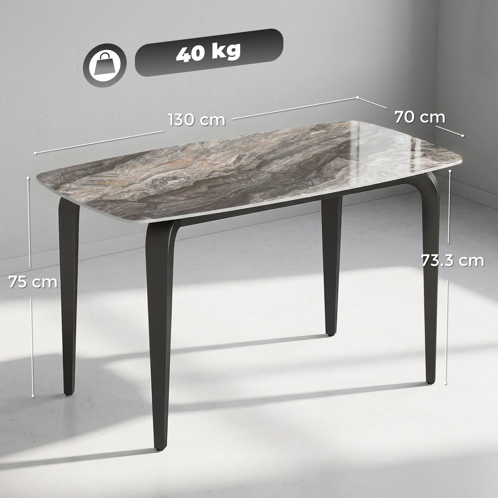 HOMCOM Tavolo da Pranzo per 4 Persone, Tavolo Cucina 130x70x75 cm con Piano in Pietra Sinterizzata e Gambe in Metallo, Tavolino da Soggiorno Sala da Pranzo, Marrone